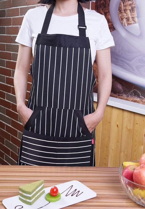 Kitchen Cooking Apron for Women and Men, Adjustable Chef Bib with Pockets - 32" x 28" - Black/White Pinstripe