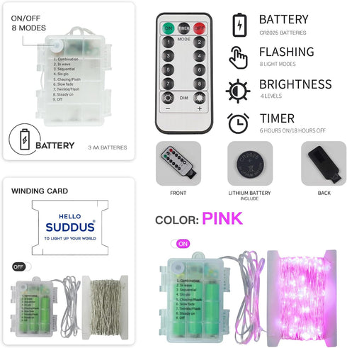 33ft 100 suddus Pink Fairy Lights Battery Operated Outdoor Waterproof, Led String Lights with Remote, Twinkle Lights