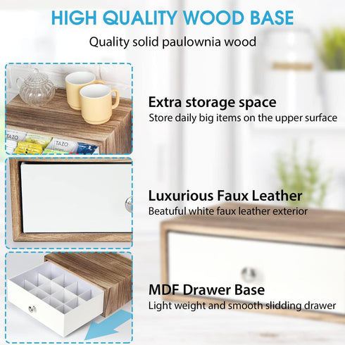 JACKCUBE DESIGN Rustic Wood Tea Storage Box with 12 Adjustable Compartments and White Faux Leather Drawer