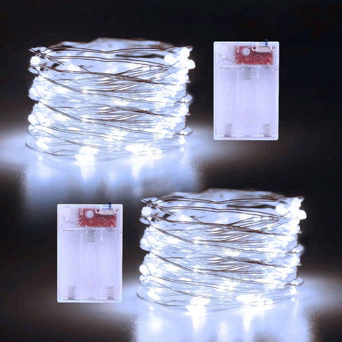 2 Pack Christmas Fairy Lights Battery Operated, 16.4Ft 50 LEDs Silver Copper