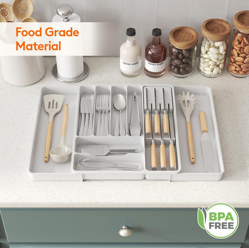 Lifewit Silverware Organizer for Kitchen Drawers, Expandable Utensil Tray with Removable Knife Block, Large, White