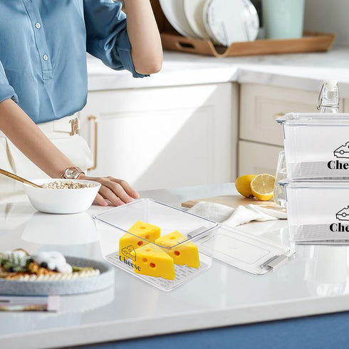 Yomjarl 3 Pack Cheese Container Airtight with Draining Basket Cream Block Cheese Sliced Cheeses Box with Lid Saver