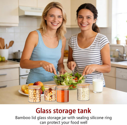16 oz, 12pcs SLifeJars - Glass Jars with Bamboo Lids Glass Food Storage Jars with Rewritable Labels, Bamboo Lid Jar
