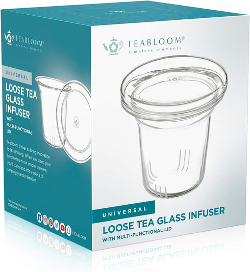 Teabloom Universal Glass Tea Infuser with Dual-Purpose Lid/Coaster - Hygienic Non-Toxic Glass Filter for Loose Tea