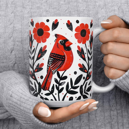Cardinal Bird Ceramic Coffee Mug - Floral Nature Tea Cup, Gift for Women Mom Friend (15oz)