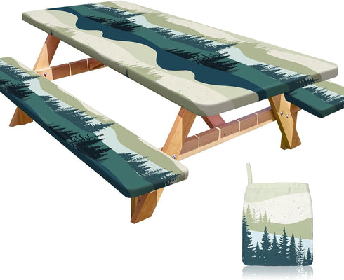 HobbLab Picnic Table Cover with Bench Covers Portable Table Cloth Built-in Storage Pocket