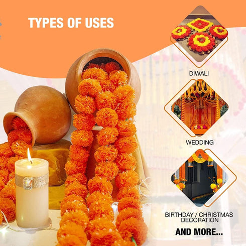 Marigold Garland for Decoration, 5 Feet Long Strands of Artificial Flowers, Indian Décor for Wedding, Christmas, Events