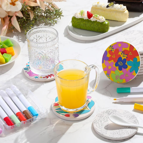 12 12 Potchen Pcs Flower Coasters Color Your Own Coaster Ceramic DIY Kits for Adults Absorbent Spring Floral Drink