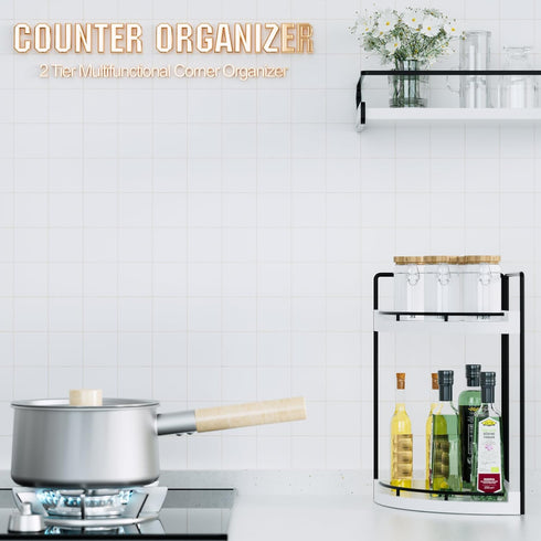 Counter 2 (White-2 Corner Bathroom Organizer, Tier Wood Vanity Storage, Waterproof Skincare Shelf for Kitchen