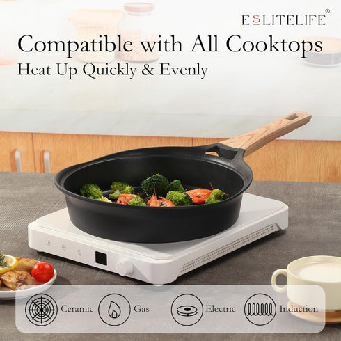 ESLITE LIFE Nonstick Deep Frying Pan Skillet with Lid, 9.5 Inch Healthy Granite Coating (Black)