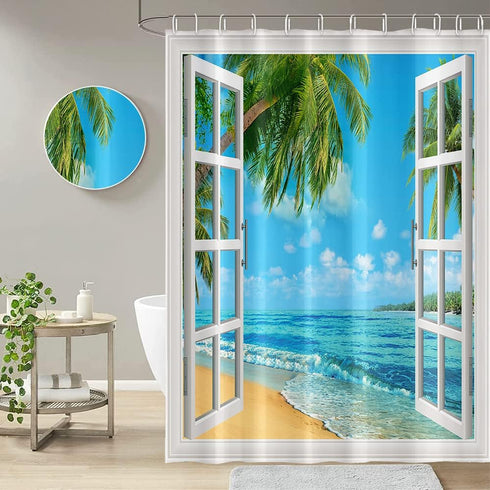 Summer Shower Curtain Set for Bathroom, White Window Blue Sky Sea Water with Green Palm Trees, 72x72 inches