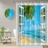 Summer Shower Curtain Set for Bathroom, White Window Blue Sky Sea Water with Green Palm Trees, 72x72 inches