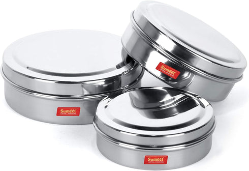 Sumeet Stainless Steel Chocolate Flat Slim Canisters - Puri Dabba/Storage Containers Set of 3Pcs Medium Set