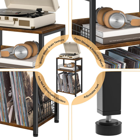 Spaces,3 LELELINKY End Table with Storage, Brown Nightstand for Small Tier Record Player Stand with Vinyl Storage