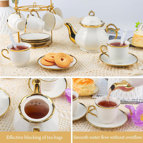 20 Set Set Sets, Set Pcs Porcelain Tea with Metal Holder, European Ceramic Tea for Adults, Coffee Tea Gift French Tea