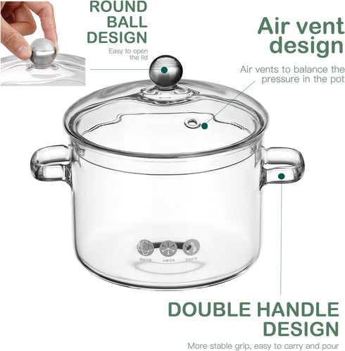 ERINGOGO Glass Saucepan with Lid, 1900ML Glass Cooking Pot Clear Simmer Pot with Handles,Heat-Resistant Stovetop Soup Pot Borosilicate Glass Cookware, for Pasta Noodle, Soup, Milk, Baby Food by ERINGOGO