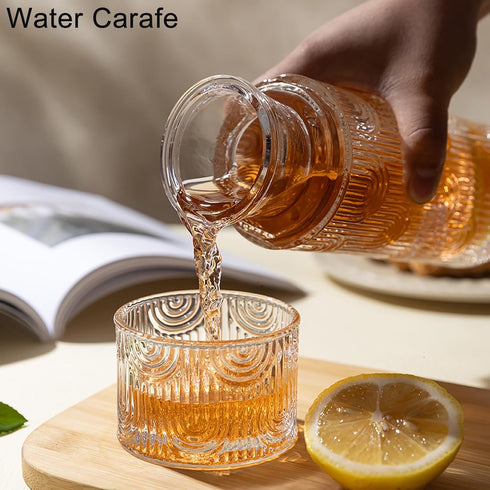 FQDGTFA 4-Piece Set 21.6 Oz 6 Oz Counter, Set Bedside Water Carafe and Glass, Glass Pitcher with Drinking Cup Lid