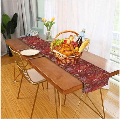 Christmas Winter Snowflake Table Runner, 13x90 Inches Double Sided, Luxurious Gold Red for Kitchen Dining Decor