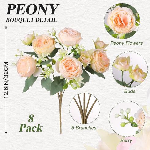 Luyue 8 Packs Peonies Artificial Flowers - Vintage Faux Peony Bouquet for Table Centerpiece