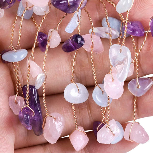 SUNYIK Handmade Crystal Money Tree Set - Amethyst/Rose Quartz/Aquamarine on Natural Agate Slice Base for Wealth and Luck