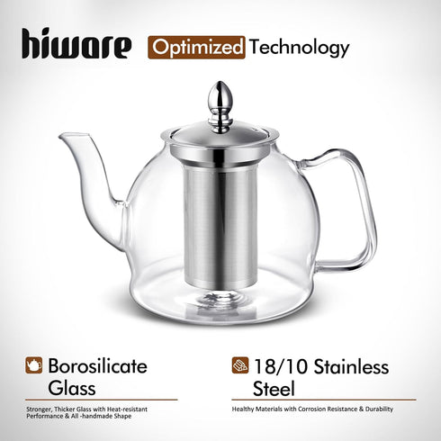 1500ml Set HIWARE Glass Teapot with Removable Infuser, Stovetop Safe Tea Kettle, Blooming and Loose Leaf Tea Maker