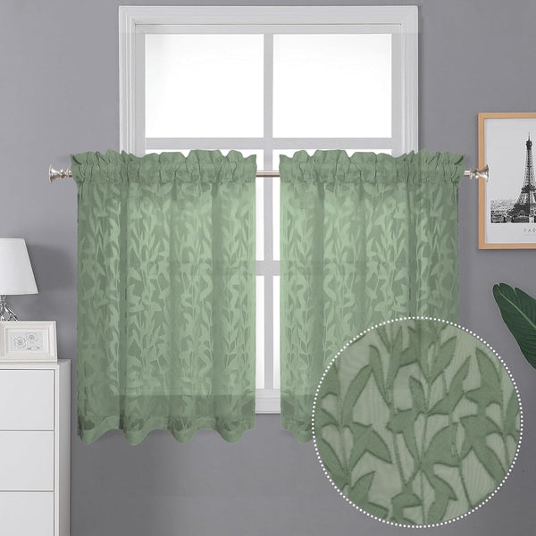 Leia 36 Inch Sheer Curtains Sage Green Tiers for Kitchen, Double Rod Pockets Window Living Room Curtain