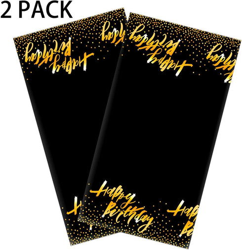 Aneco 2 Pack Happy Birthday Table Cloth Cover, Black Gold Party Tablecloth 54 x 108 Inches