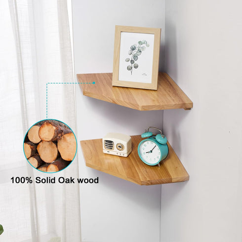 Set 2 Corner Wall Shelves, Corner Floating Shelves of Solid Oak Wood Display Shelf with Wire Hole Small Plant