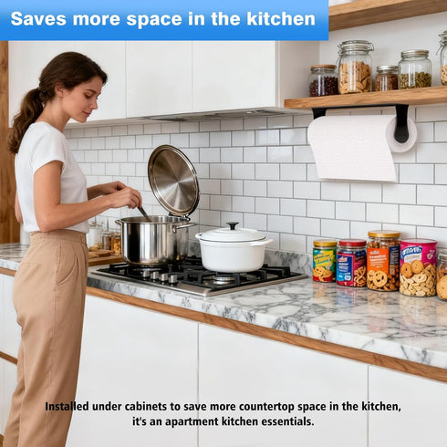 Counter Paper Towel Holder Under Cabinet, Black, Adhesive & Wall Mount, Under Paper Towel Rack for Kitchen
