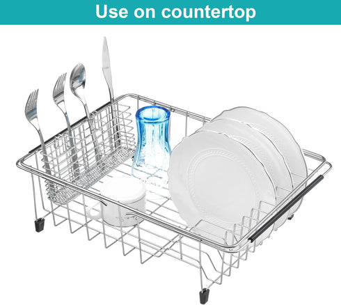 iPEGTOP Expandable Dish Drying Rack, Rustproof Stainless Steel Dish Drainer Basket Shelf, Multifunctional Organizer