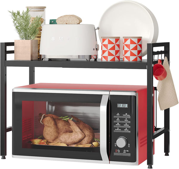 NETEL Expandable Microwave Stand, 2 Tier Metal Kitchen Organizer Shelves with 8 Hooks