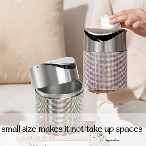 ZOOFOX 1.5 Liter Countertop Trash Can, Bling Rhinestone Garbage Bin with Swing Lid for Home, Office, Vanity Tabletop