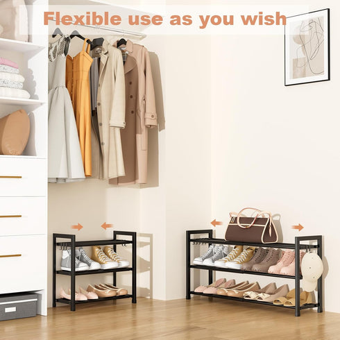 18"-33" Closet 12 3 5 LANTEFUL Adjustable Expandable Shoe Rack for Pairs Small Spaces Tier Shoe Organizer with Hooks