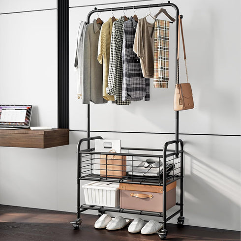 Black Rolling Laundry Hamper with Wheels, Laundry Basket Sorter Cart, Shelf Hanging Rack
