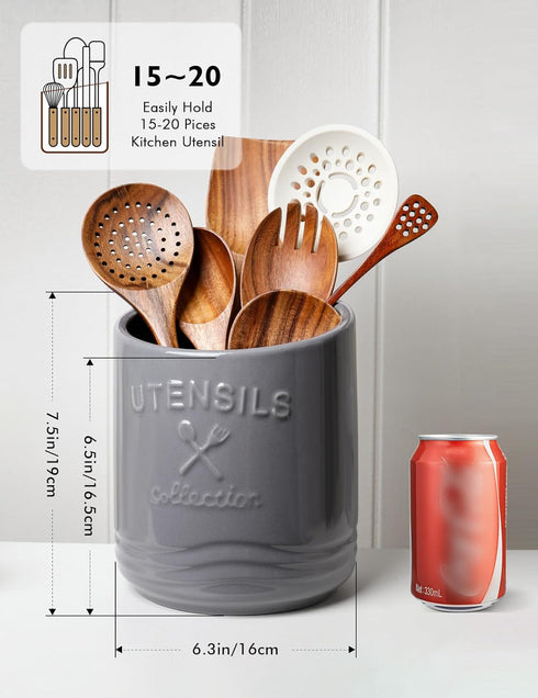 AISBUGUR Large Ceramic Utensil Holder 7.5" H×6.3" W with Slanted Mouth - Utensil Crock with Non-Slip Cork Base for Kitchen Counter, Ideal for Decor & Gift,Grey