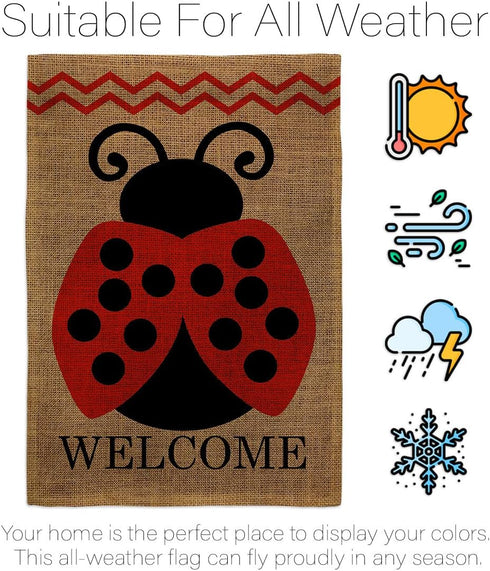 Welcome Ladybug Burlap Garden Flag - Double-Sided 12.5 x 18 Yard Decorations for Springtime Insect Wildlife