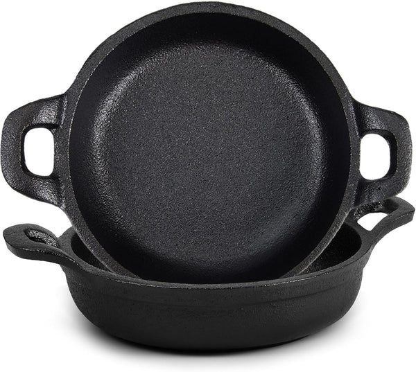 Mini Cast Iron Skillets Set - 2 Pack Black 5 x 5 x 1.3 Inch Cast Iron Pan Ramekin Casserole Dish Oven Safe Cookware