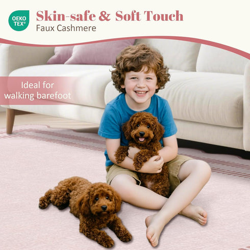 5ft Washable Area Rugs for Living Room, Solid Pink Non Slip Rugs for Bedroom Girls, Stain Resistant Scalloped Soft