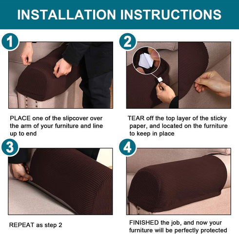 Turquoize Stretch Armrest Covers for Chairs, Set of 2, Brown, Anti-Slip Furniture Protector