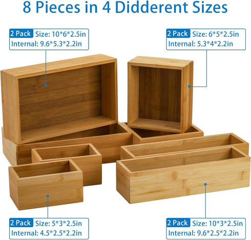 Lawei 8 Pieces Bamboo Drawer Organizer Boxes, Stackable Storage Tray for Kitchen, Bathroom, Office Desk