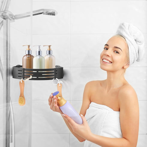 GQIRIL 2 Corner Shower Caddy Shelves - Suction Cup Shower Organizer Shelf with Hooks, Adhesive Bathroom Wall Hanging