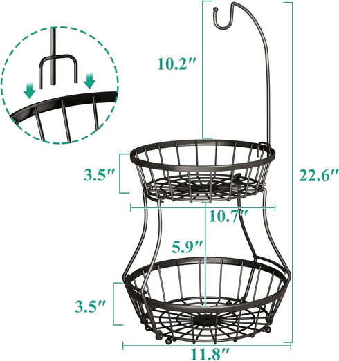 SAYZH 2-Tier Countertop, Fruit Basket Bowl Stackable Vegetable Storage with Banana Tree Hanger Stand for Kitchen Metal