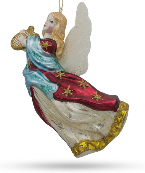 Angel Playing Music on Harp Blown Glass Christmas Ornament