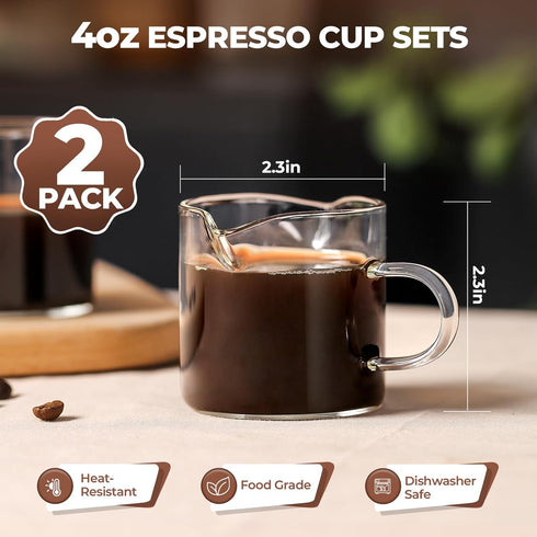 Set 2, 4 Oz Espresso Cups of Espresso Shot Glass with Handle Double Spout Cups Clear Glass Milk Cup Coffee Accessories