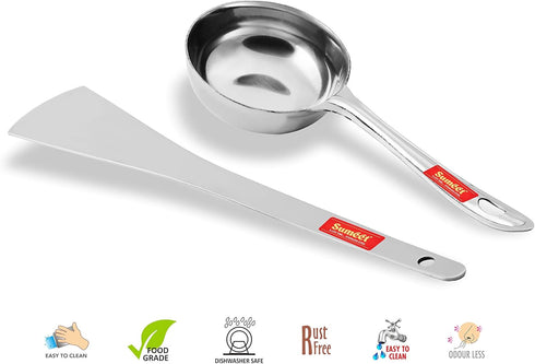 Sumeet Stainless Steel Perfect Dosa Making Spoon/Ladle Set of 2 Pcs (1 Turner, 1 Short Pour Ladle with Flat Base)