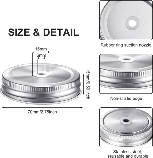 Mudder 8 Pieces Metal Regular Mouth Mason Canning Jar Lids - Leak Proof Reusable Jar with Straw Hole, Silver