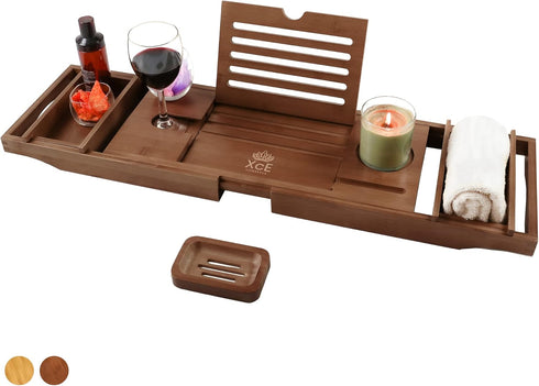XcE Bathtub Caddy Tray, Expandable to 105cm, with Bamboo Book Stand and Soap Tray, Brown