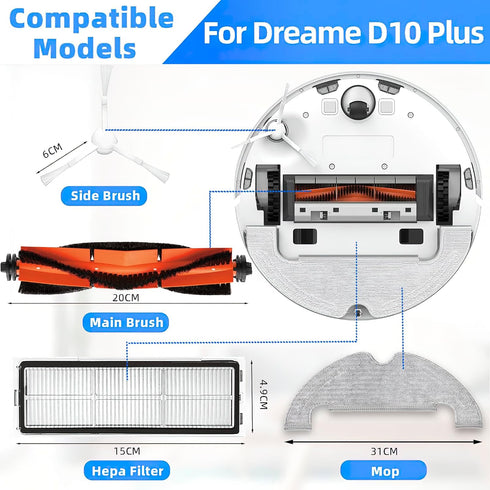 Replacement Parts Kit for Dreametech D10 Plus Robot Vacuum Cleaner, 18Pcs Accessories Including Brushes and Filters