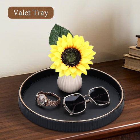12" GORESE Decorative Tray for Home Decor, Round PU Leather Coffee Table Tray Table Centerpiece for Living Room