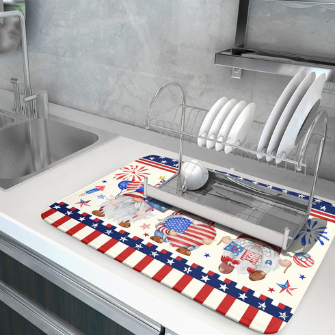 4th of July Drying Mat for Kitchen Counter, 18 x 24 in - Patriotic Gnomes Microfiber Dish Drainer Pad for Holiday Decor